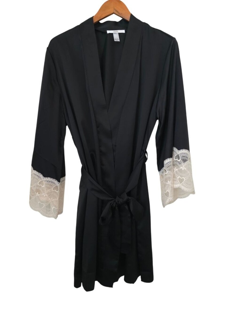 Flora Nikrooz Kit Matte Charmeuse Wrap Robe w/ Heart-Patterned Lace Trim Sleeves